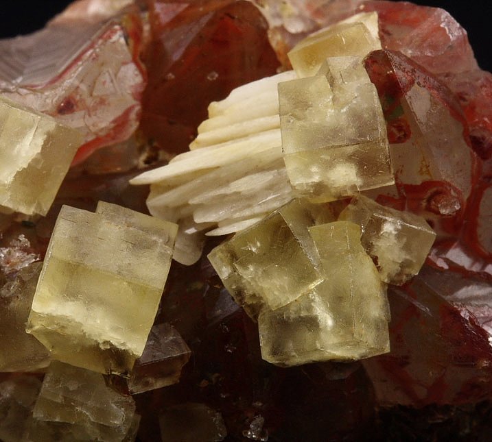 FLUORITE, QUARTZ with red HEMATITE INCLUSIONS, BARYTE