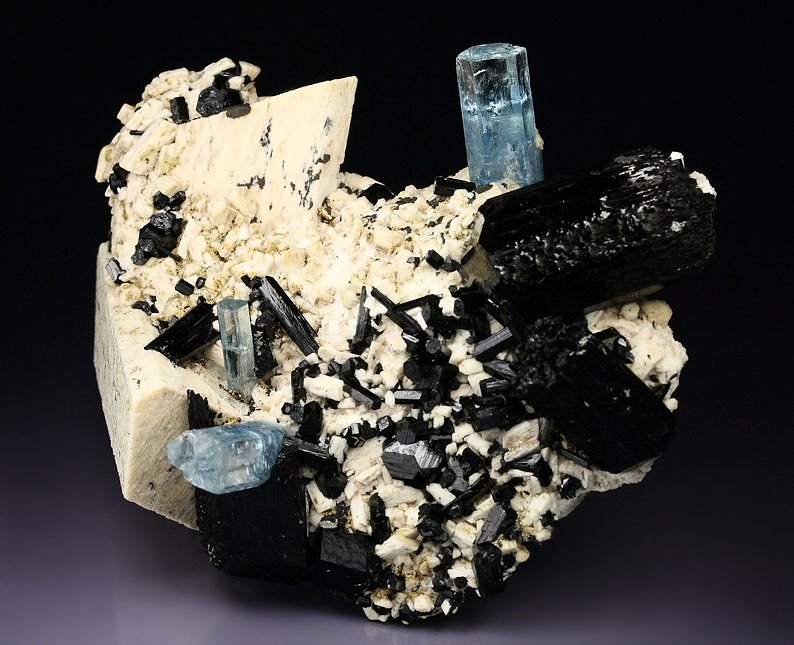 gem BERYL var. AQUAMARINE, TOURMALINE var. SCHORL, MICROCLINE