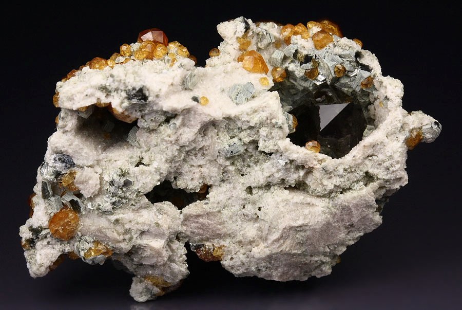 GARNET var. SPESSARTINE, QUARTZ var. SMOKY, MUSCOVITE, MICROCLINE