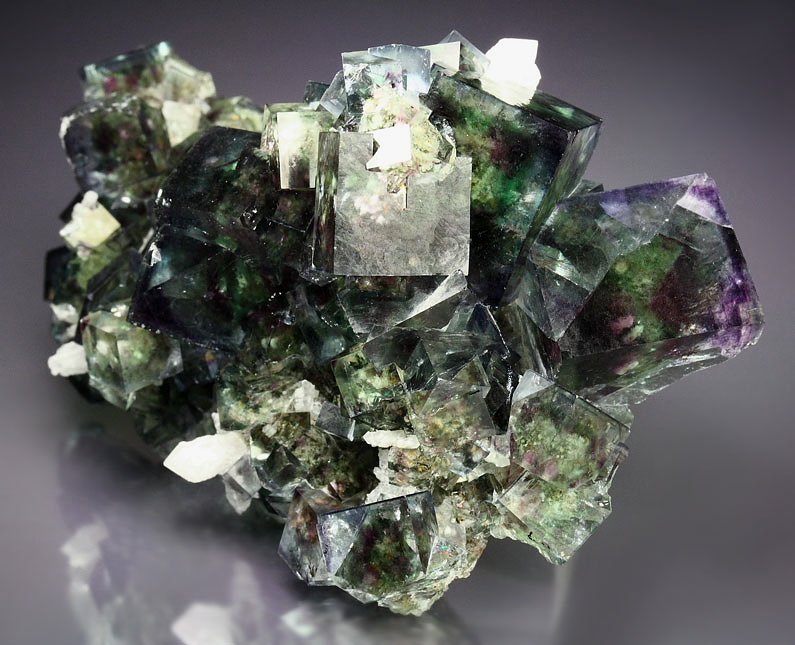 FLUORITE with purple and green PHANTOMS, QUARTZ