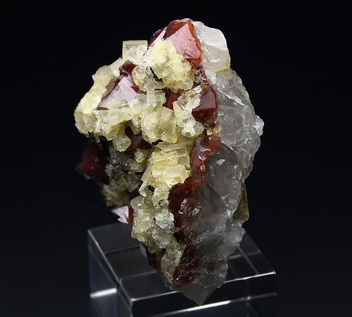 FLUORITE, QUARTZ with red HEMATITE INCLUSIONS