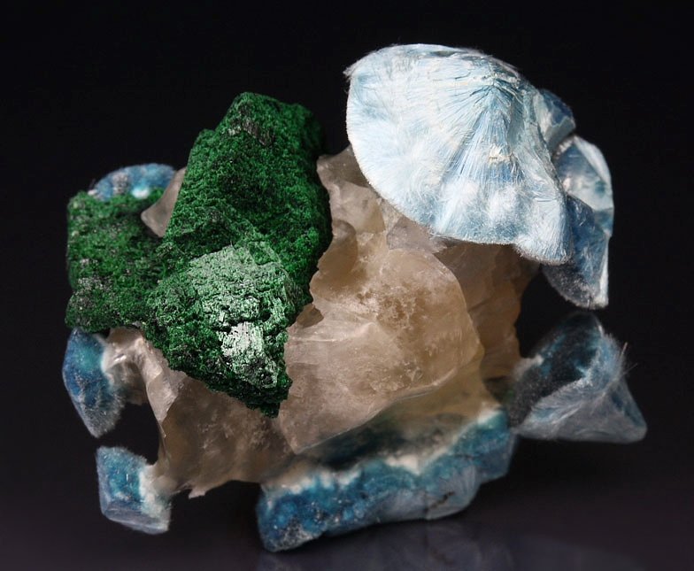 PLANCHEITE, MALACHITE, CALCITE