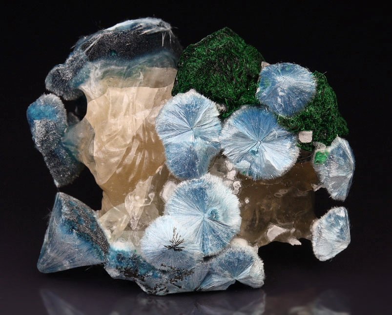 PLANCHEITE, MALACHITE, CALCITE