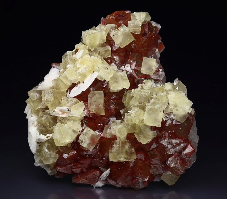 FLUORITE, QUARTZ with red HEMATITE INCLUSIONS, BARYTE