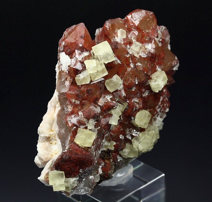 FLUORITE, QUARTZ with red HEMATITE INCLUSIONS 