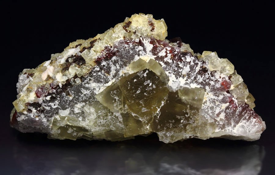 FLUORITE, QUARTZ with red HEMATITE INCLUSIONS