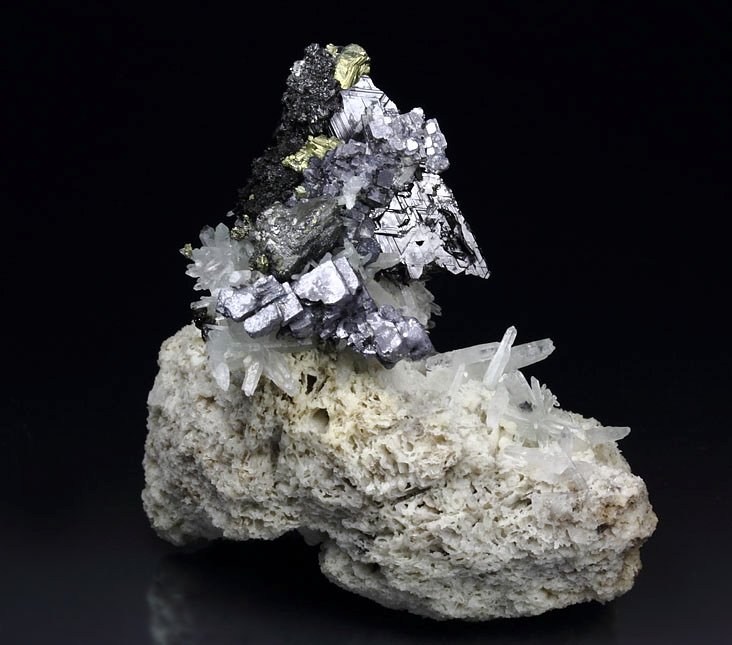 SPHALERITE tetrahedron, skeletal GALENA, CHALCOPYRITE, bi-terminated QUARTZ