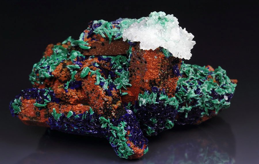 AZURITE, MALACHITE pseudomorph, CALCITE, QUARTZ