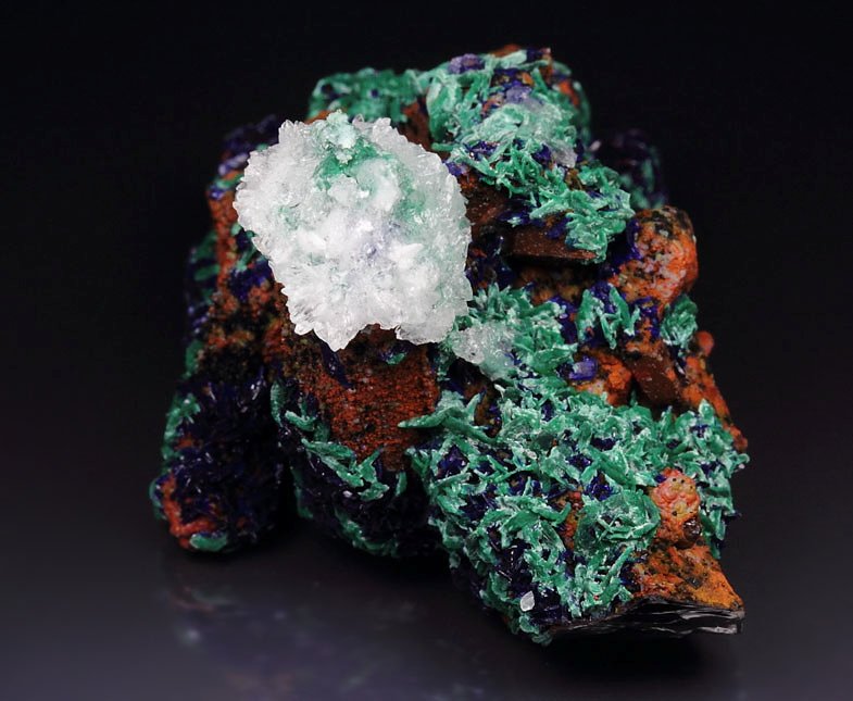 AZURITE, MALACHITE pseudomorph, CALCITE, QUARTZ