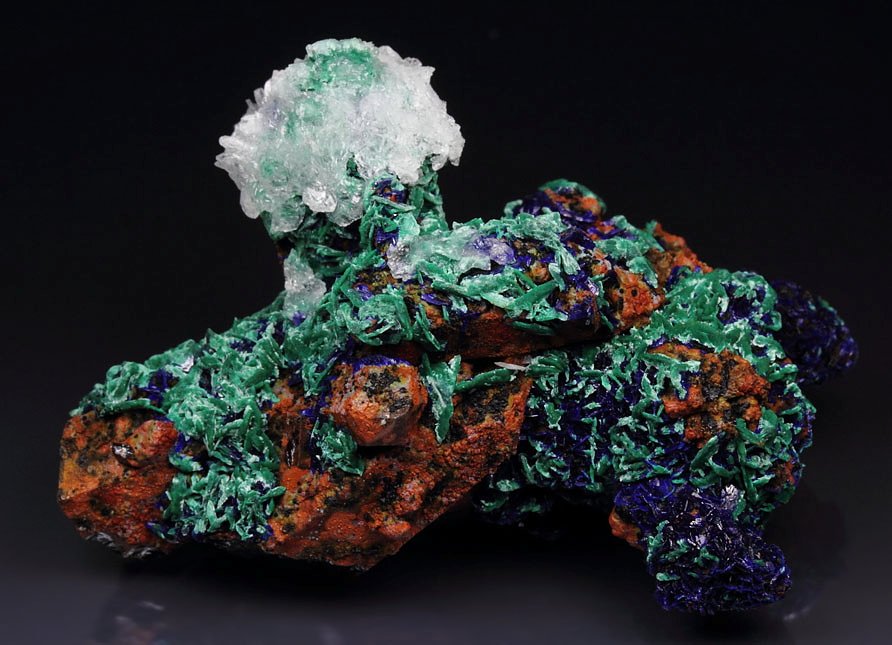 AZURITE, MALACHITE pseudomorph, CALCITE, QUARTZ