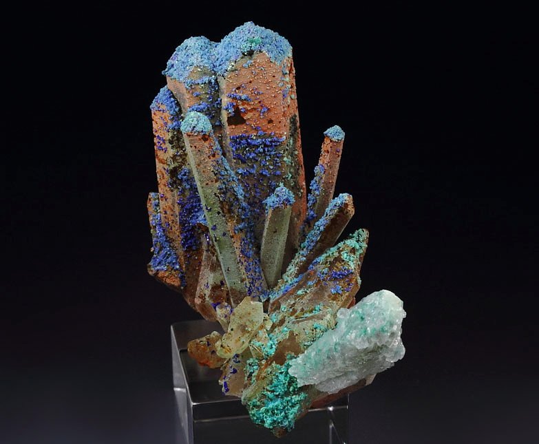AZURITE, MALACHITE pseudomorph, QUARTZ, CALCITE