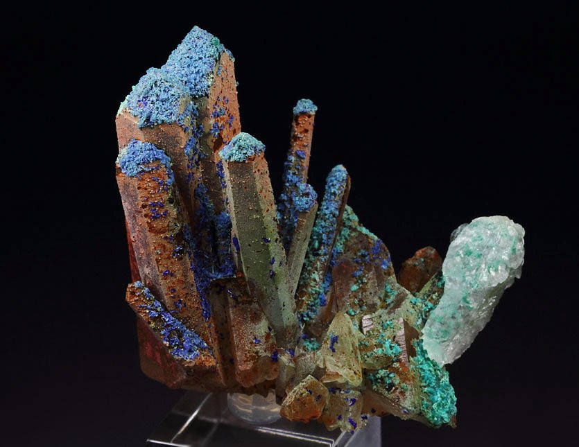 AZURITE, MALACHITE pseudomorph, QUARTZ, CALCITE