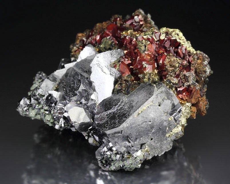 GALENA, PYRITE with HEMATITE coating, CHALCOPYRITE