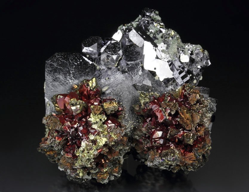 GALENA, PYRITE with HEMATITE coating, CHALCOPYRITE