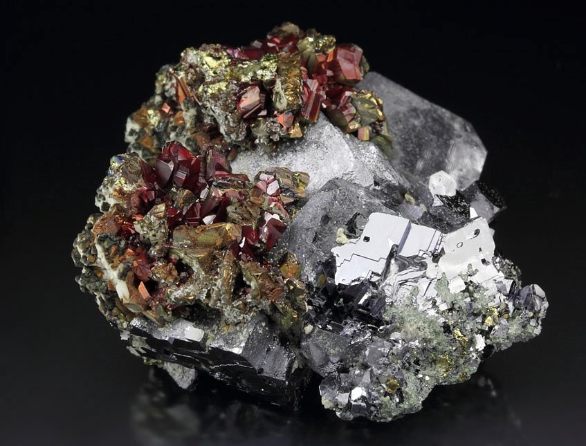 GALENA, PYRITE with HEMATITE coating, CHALCOPYRITE