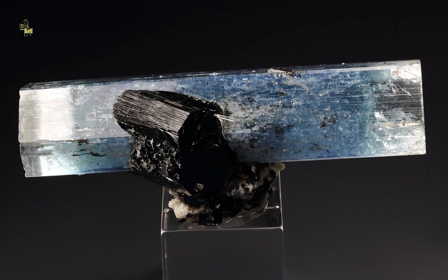 gem BERYL var. AQUAMARINE bi-terminated, TOURMALINE var. SCHORL, FELDSPAR