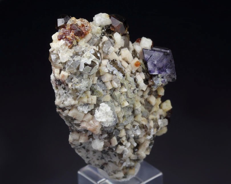 FLUORITE, GARNET var. SPESSARTINE, QUARTZ var. SMOKY, MICROCLINE