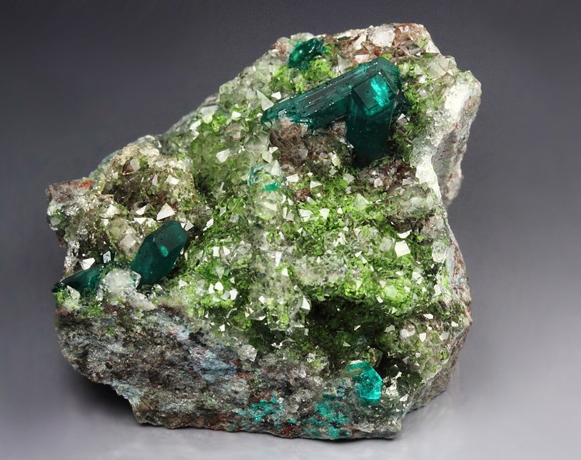 DIOPTASE, DUFTITE, QUARTZ