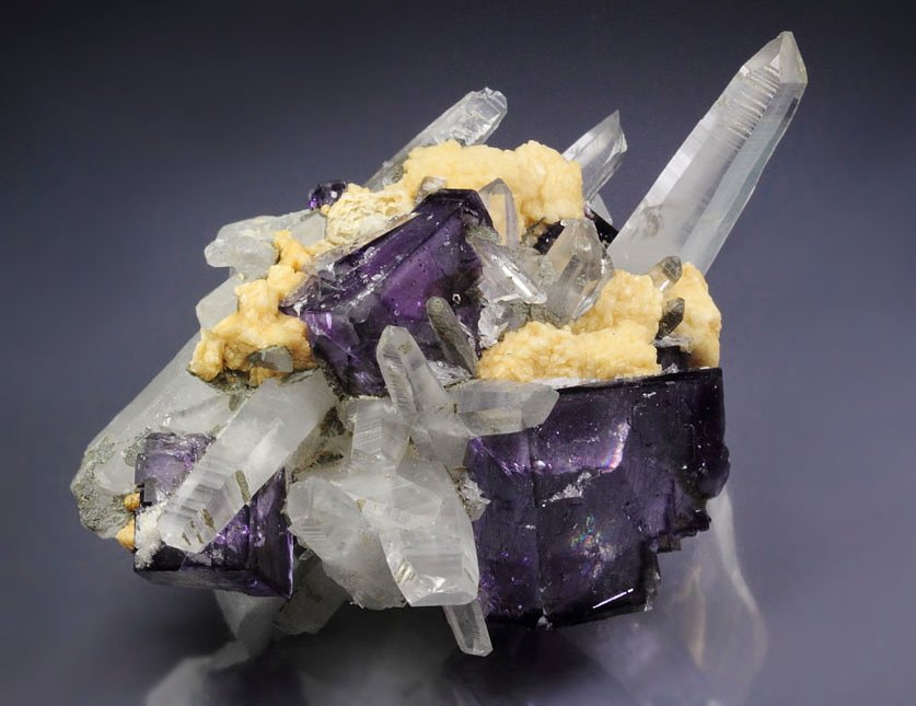 FLUORITE with BOULANGERITE inclusions, QUARTZ, DOLOMITE