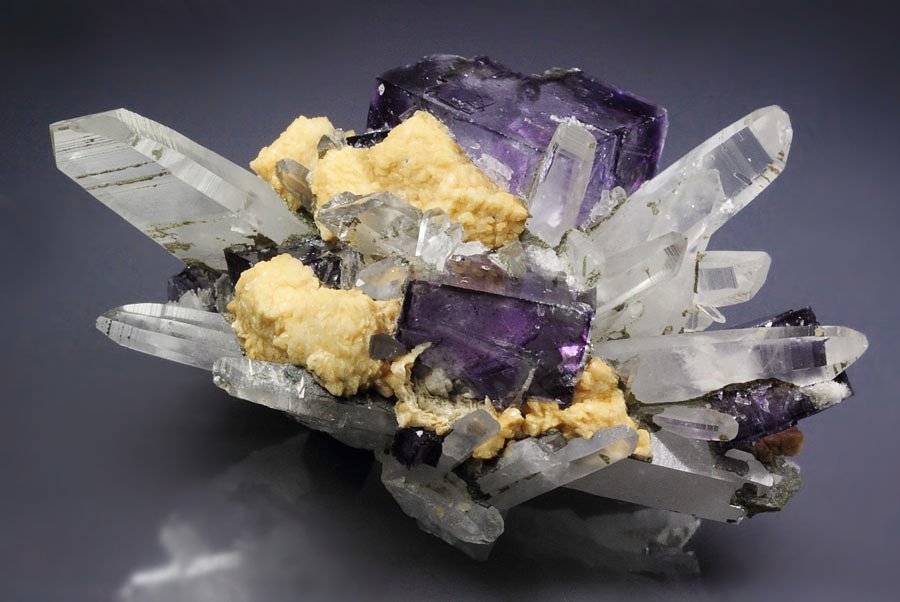 FLUORITE with BOULANGERITE inclusions, QUARTZ, DOLOMITE