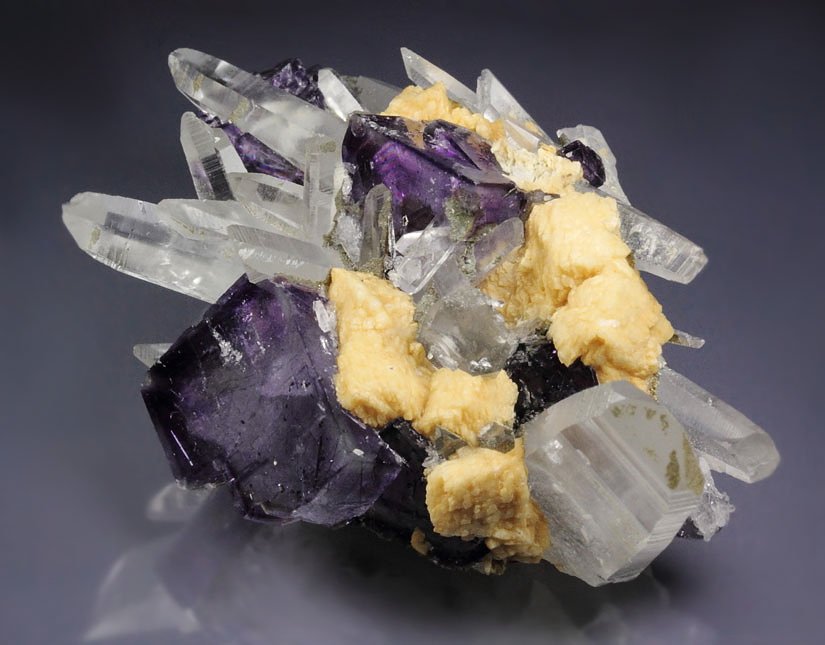 FLUORITE with BOULANGERITE inclusions, QUARTZ, DOLOMITE