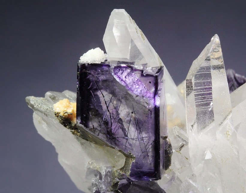 FLUORITE with BOULANGERITE inclusions, QUARTZ, DOLOMITE