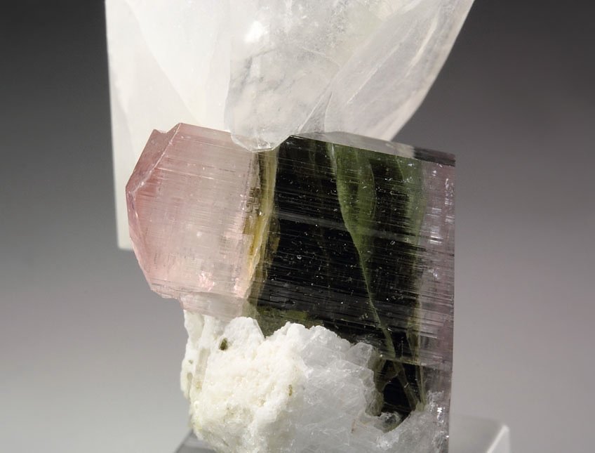 gem bi-terminated TOURMALINE var. ELBAITE multicolor, QUARTZ, ALBITE