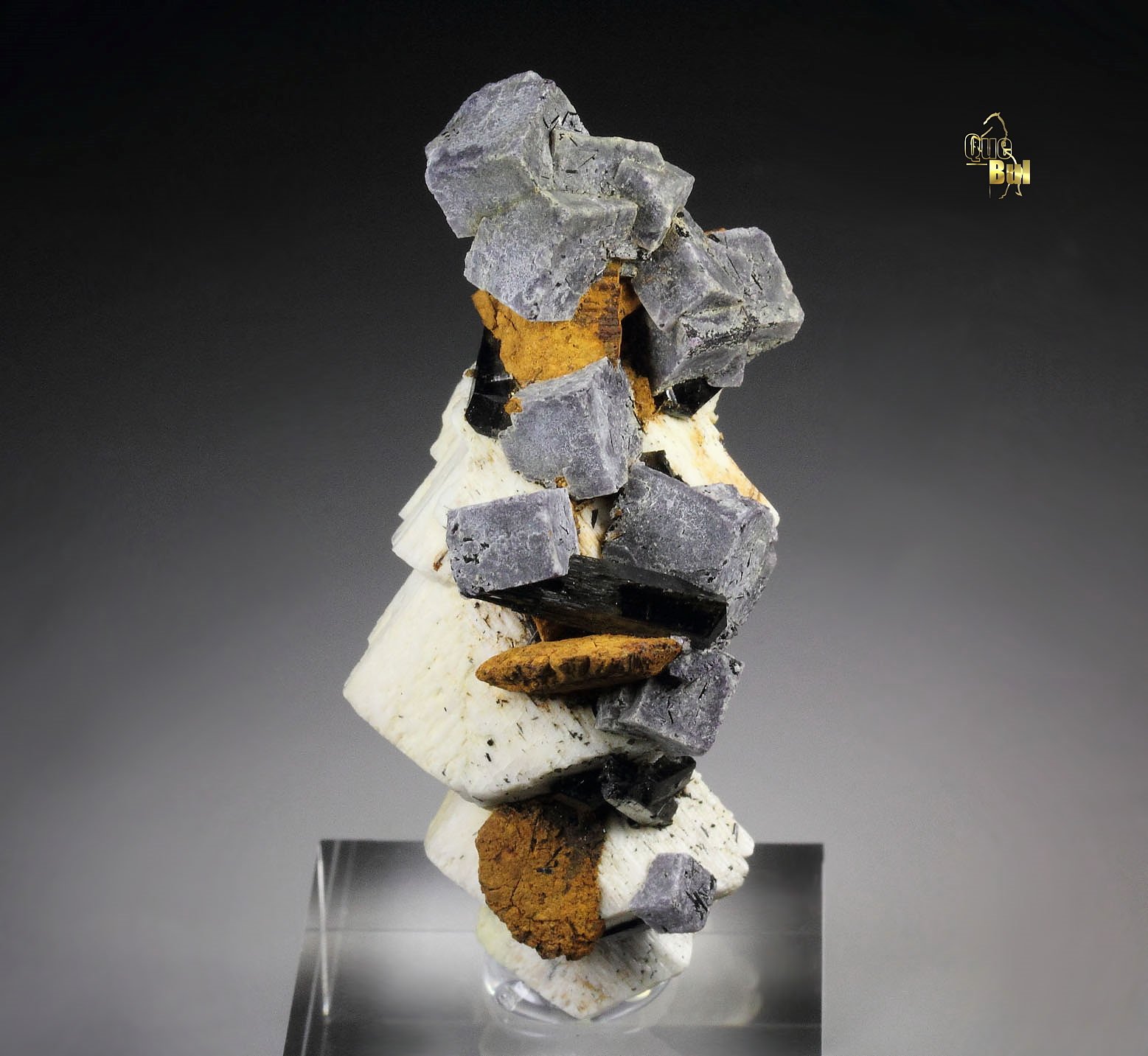 pseudomorph after FLUORITE, GOETHITE pseudomorph after SIDERITE, TOURMALINE var. SCHORL, MICROCLINE