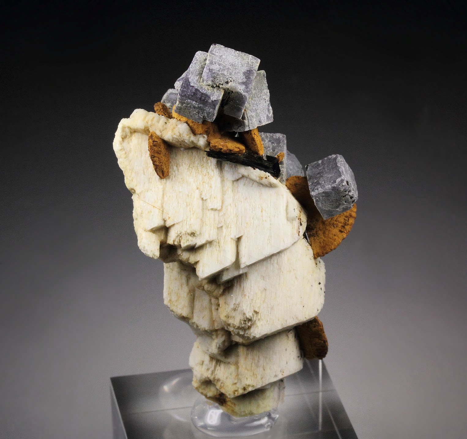 pseudomorph after FLUORITE, GOETHITE pseudomorph after SIDERITE, TOURMALINE var. SCHORL, MICROCLINE