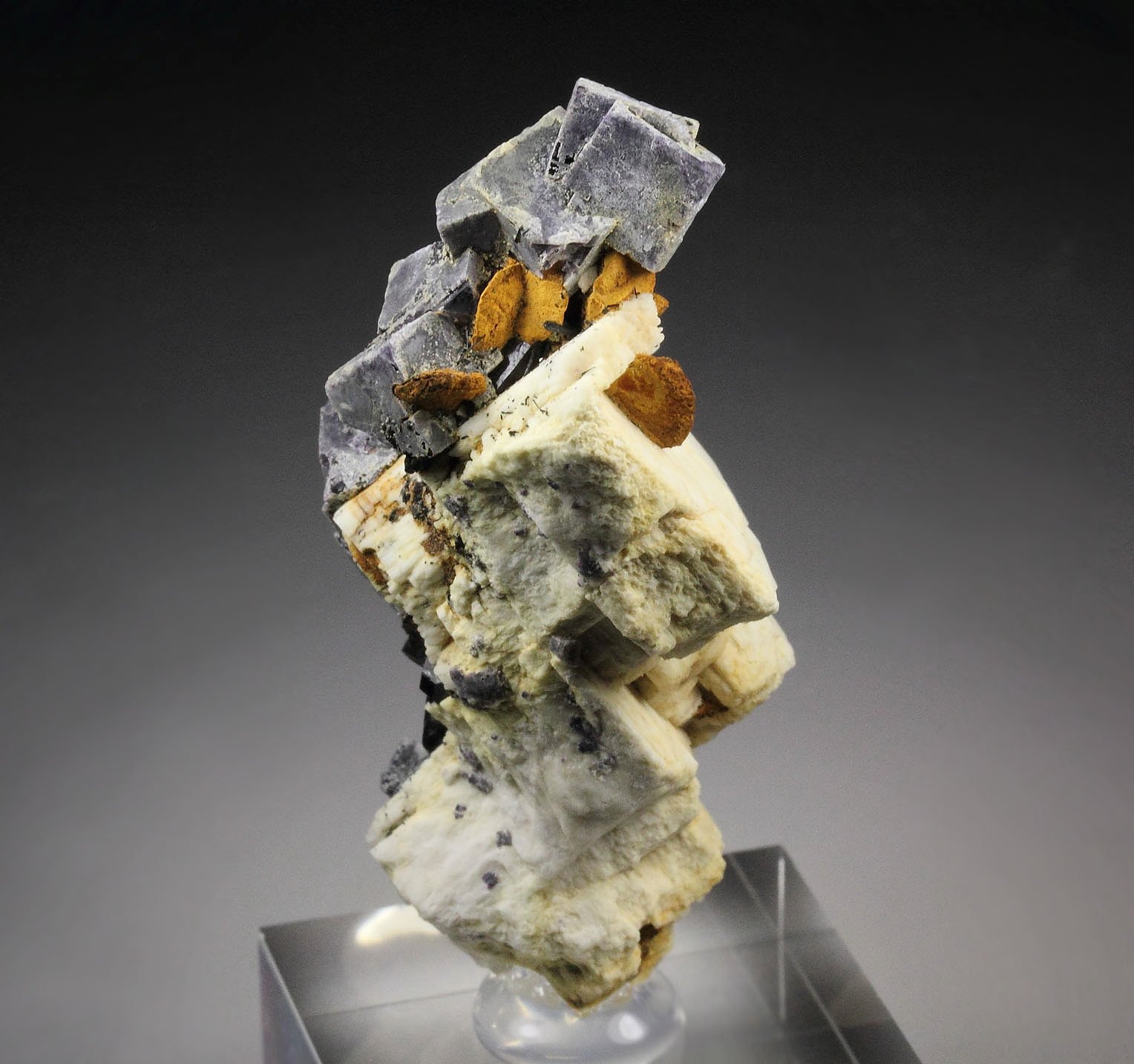 pseudomorph after FLUORITE, GOETHITE pseudomorph after SIDERITE, TOURMALINE var. SCHORL, MICROCLINE