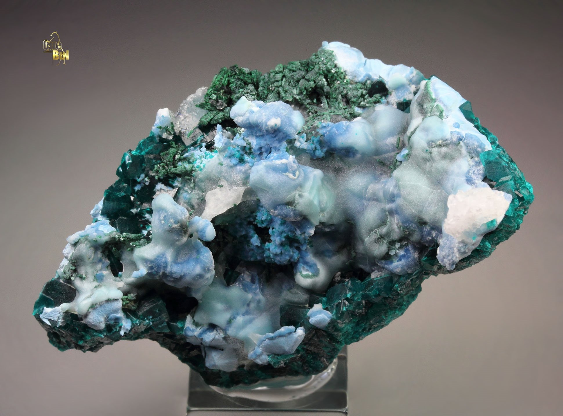 SHATTUCKITE, DIOPTASE, MALACHITE, CALCITE