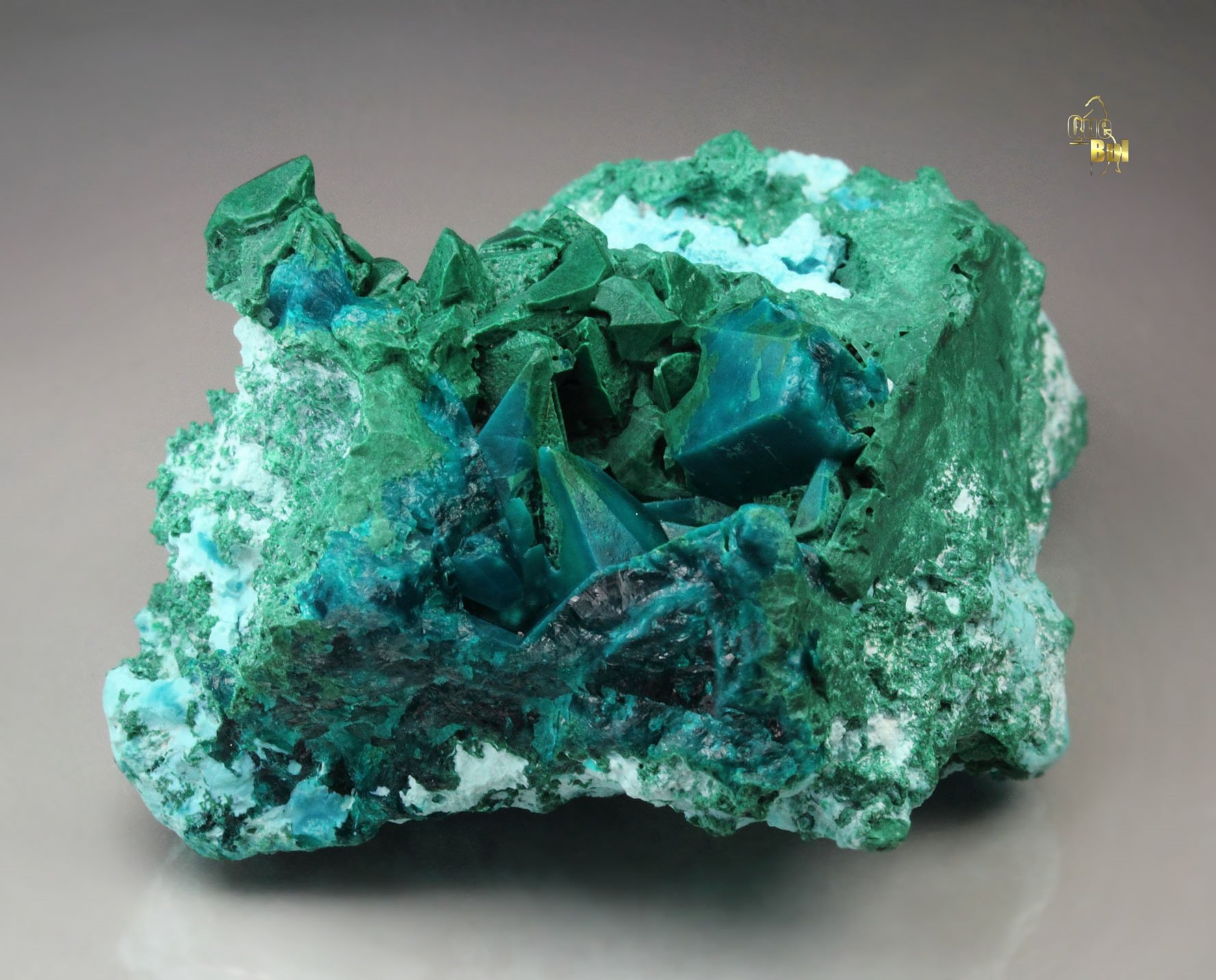 MALACHITE pseudomorph after DIOPTASE after CALCITE, CHRYSOCOLLA