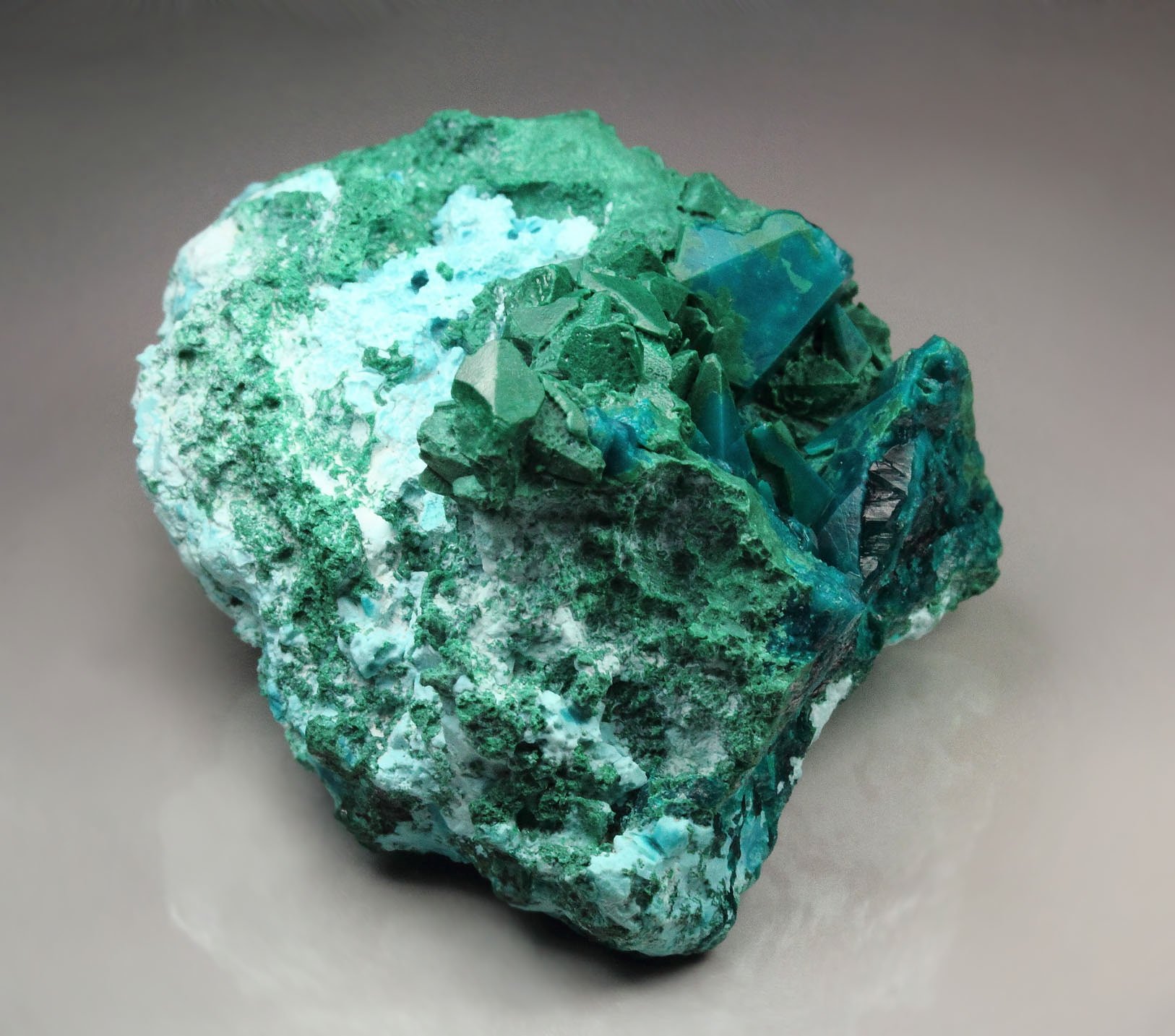 MALACHITE pseudomorph after DIOPTASE after CALCITE, CHRYSOCOLLA