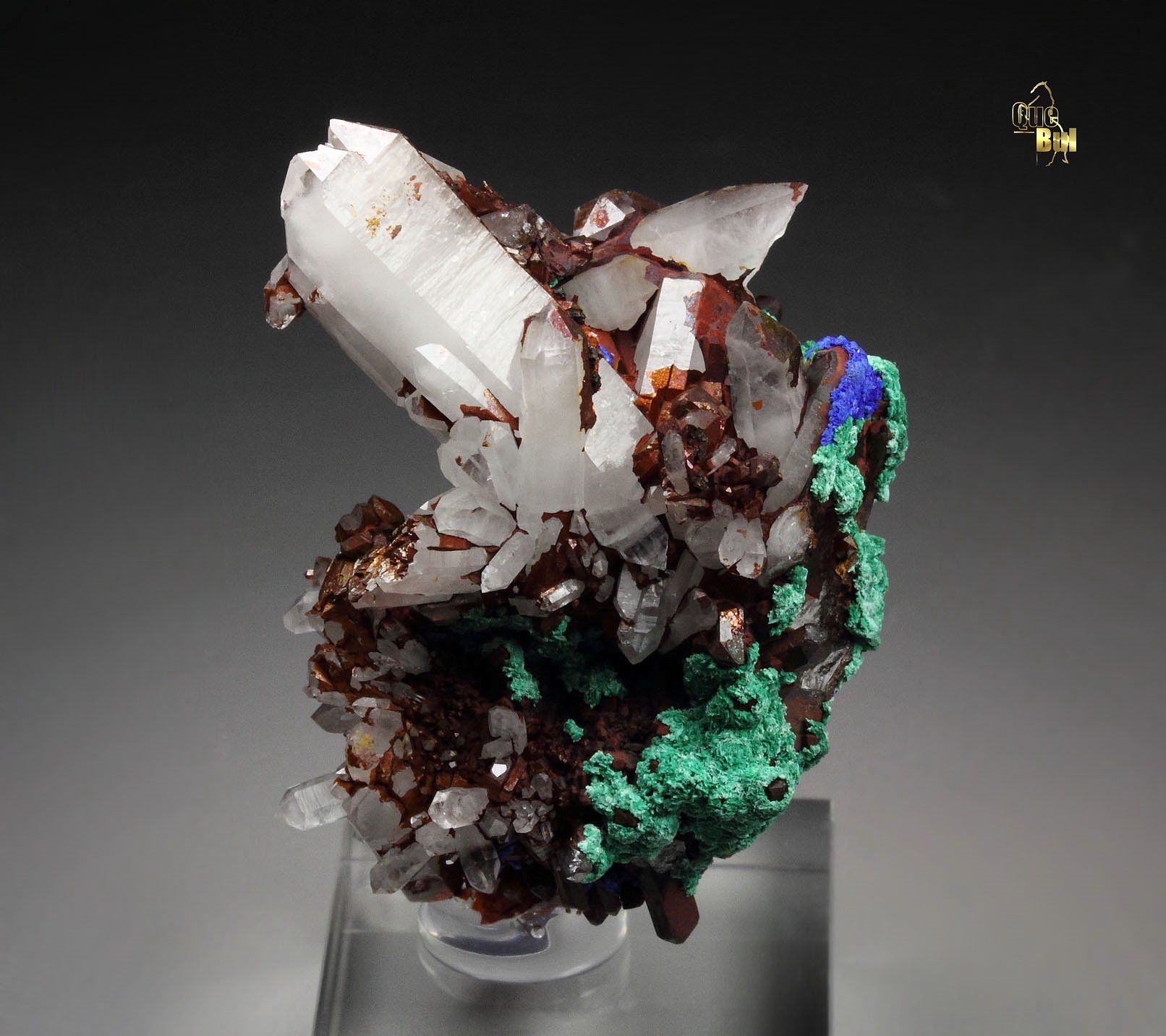 QUARTZ with HEMATITE coating, AZURITE, MALACHITE pseudomorph