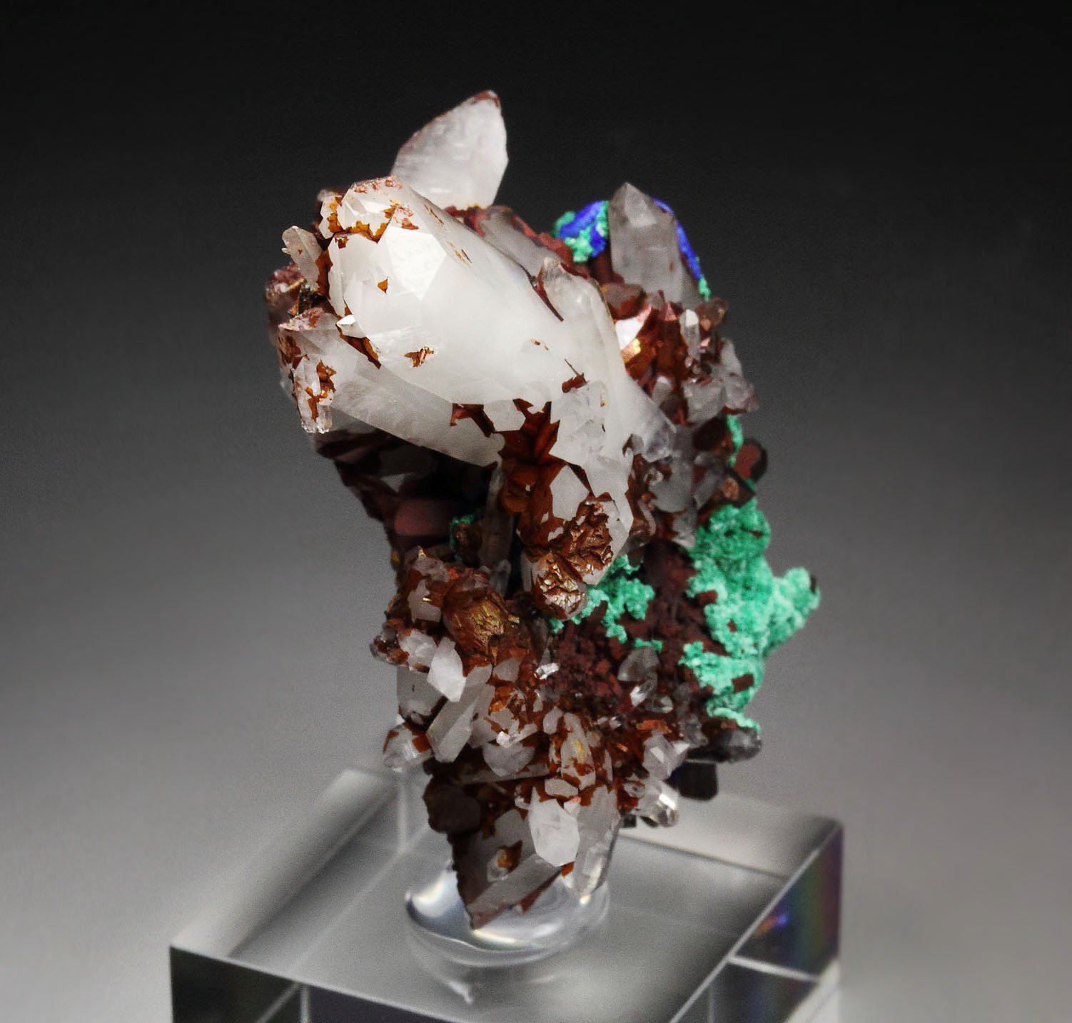 QUARTZ with HEMATITE coating, AZURITE, MALACHITE pseudomorph