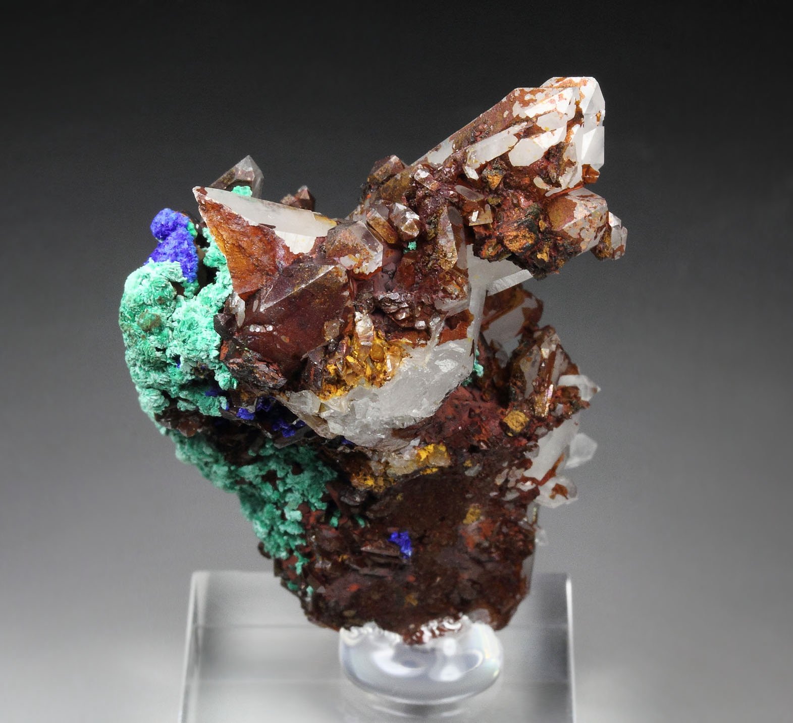 QUARTZ with HEMATITE coating, AZURITE, MALACHITE pseudomorph