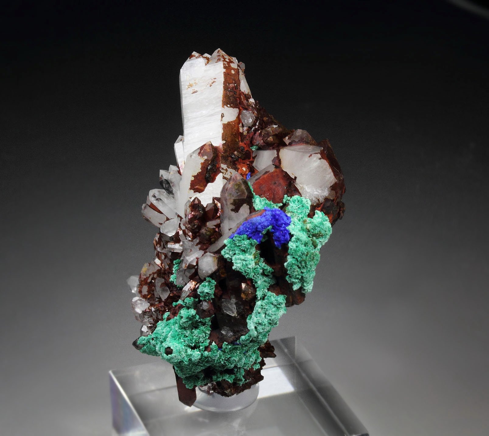 QUARTZ with HEMATITE coating, AZURITE, MALACHITE pseudomorph