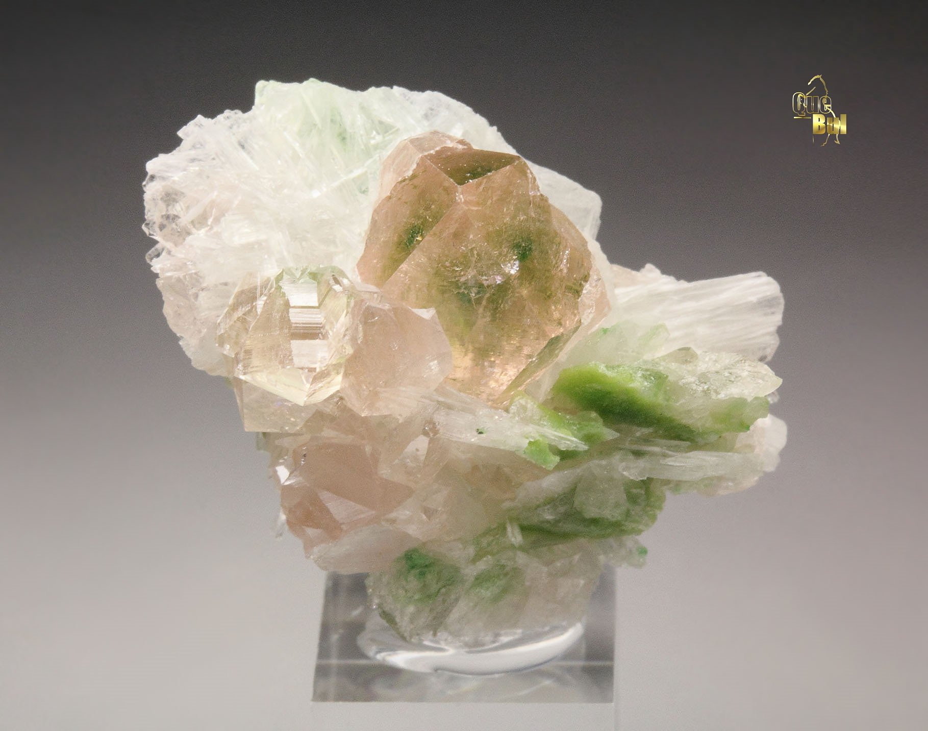 gem PINK GARNET var. GROSSULAR with GREEN CHROMIAN PHANTOMS, PECTOLITE, DIOPSIDE
